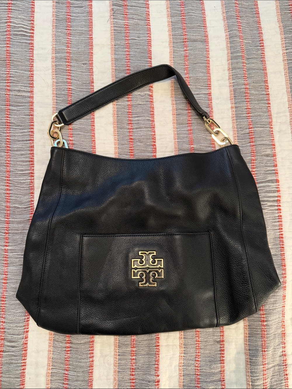 Tory Burch Black Leather Shoulder Hobo with Gold Logo Hardware